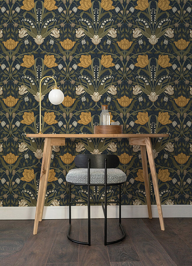 filippa-navy-tulip-wallpaper-york-wallcoverings-4080-44106 - York Wallcoverings Papel pintado