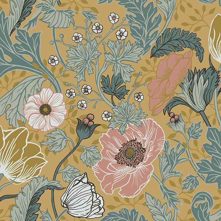 anemone-mustard-floral-wallpaper-york-wallcoverings-4080-33002 - York Wallcoverings Papel pintado