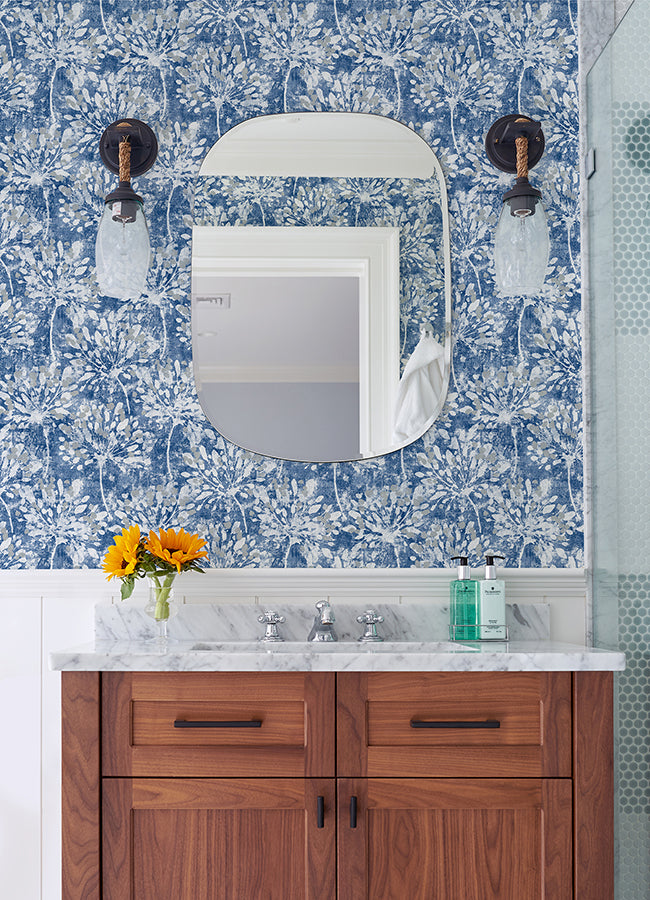 dori-blue-painterly-floral-wallpaper-york-wallcoverings-2980-26187 - York Wallcoverings Wallpaper