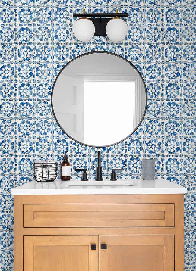 izeda-blue-floral-tile-wallpaper-york-wallcoverings-2980-26192 - York Wallcoverings Wallpaper