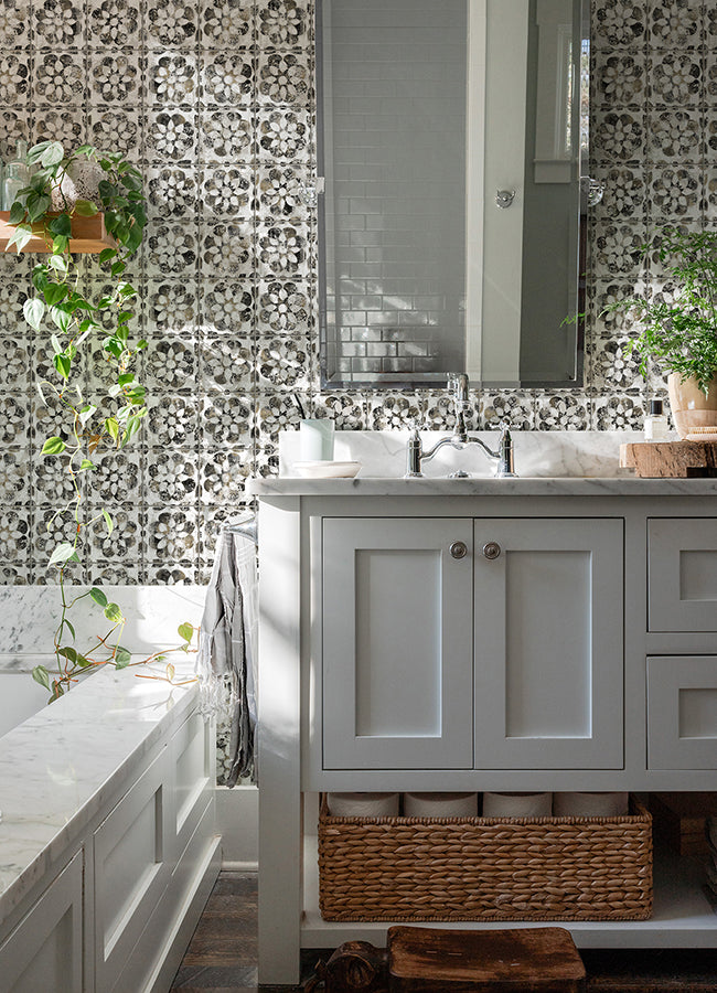 izeda-black-floral-tile-wallpaper-york-wallcoverings-2980-26196 - York Wallcoverings Wallpaper
