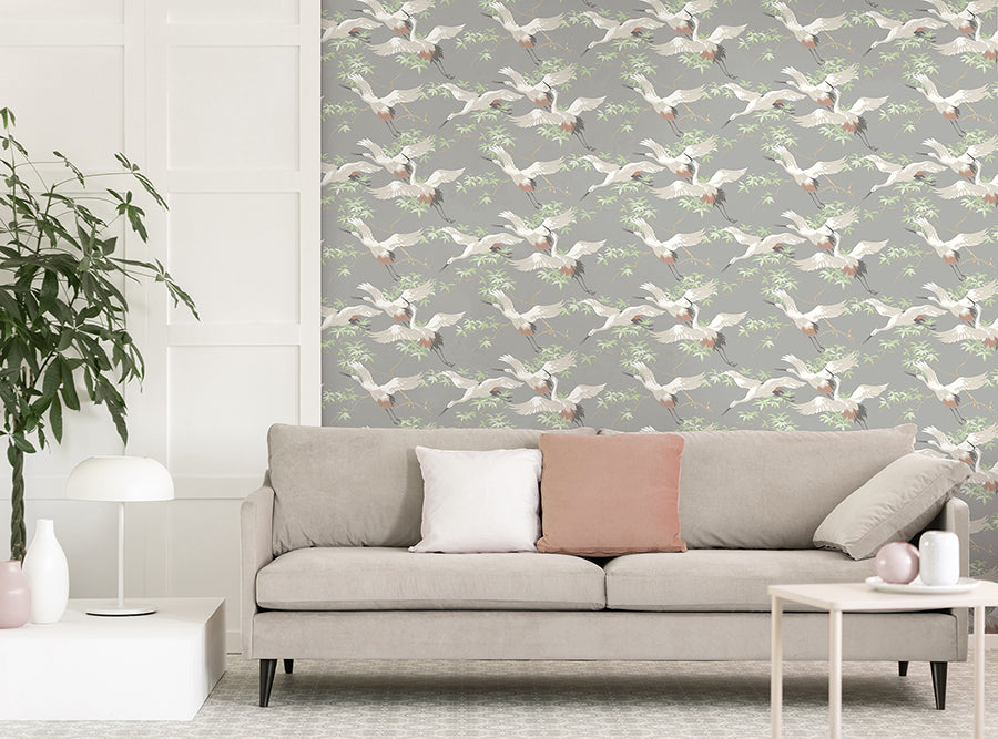 saura-light-grey-cranes-wallpaper-york-wallcoverings-m1657 - York Wallcoverings Wallpaper
