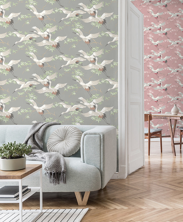saura-light-grey-cranes-wallpaper-york-wallcoverings-m1657 - York Wallcoverings Wallpaper