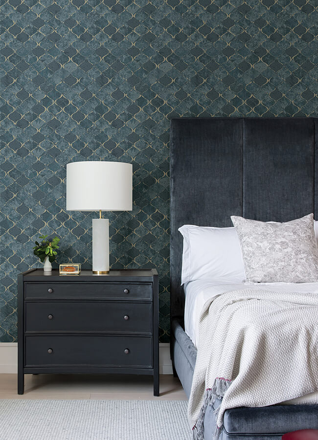 pilak-blue-ogee-tile-wallpaper-york-wallcoverings-4105-86607 - York Wallcoverings Papel pintado