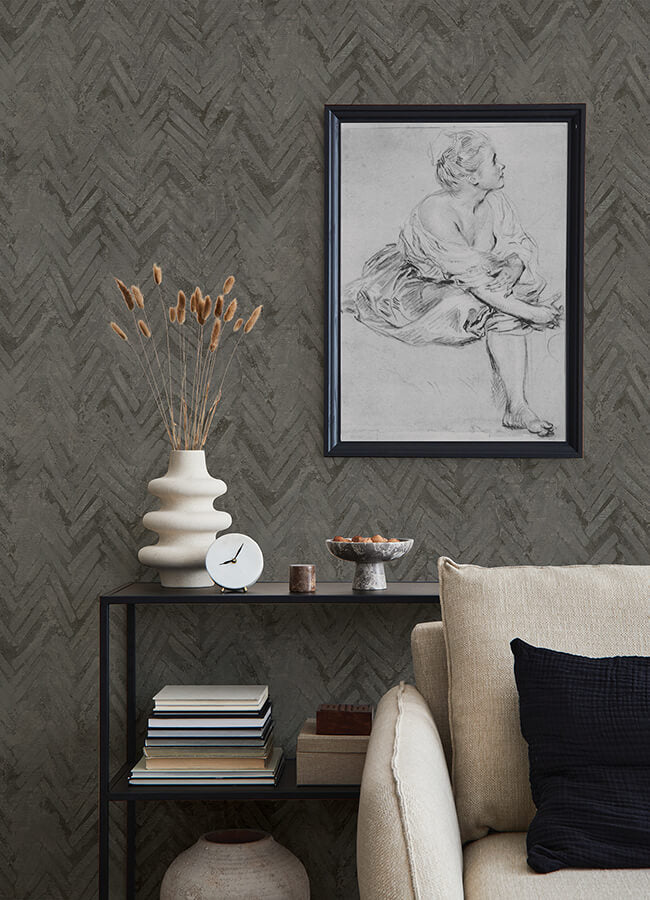 amesemi-dark-grey-distressed-herringbone-wallpaper-york-wallcoverings-4105-86611 - York Wallcoverings Wallpaper