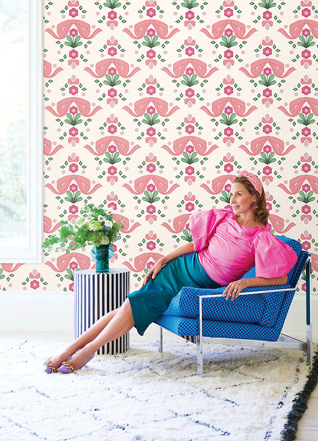 bow-damask-pink-peel-and-stick-wallpaper-york-wallcoverings-lss4955 - York Wallcoverings Wallpaper