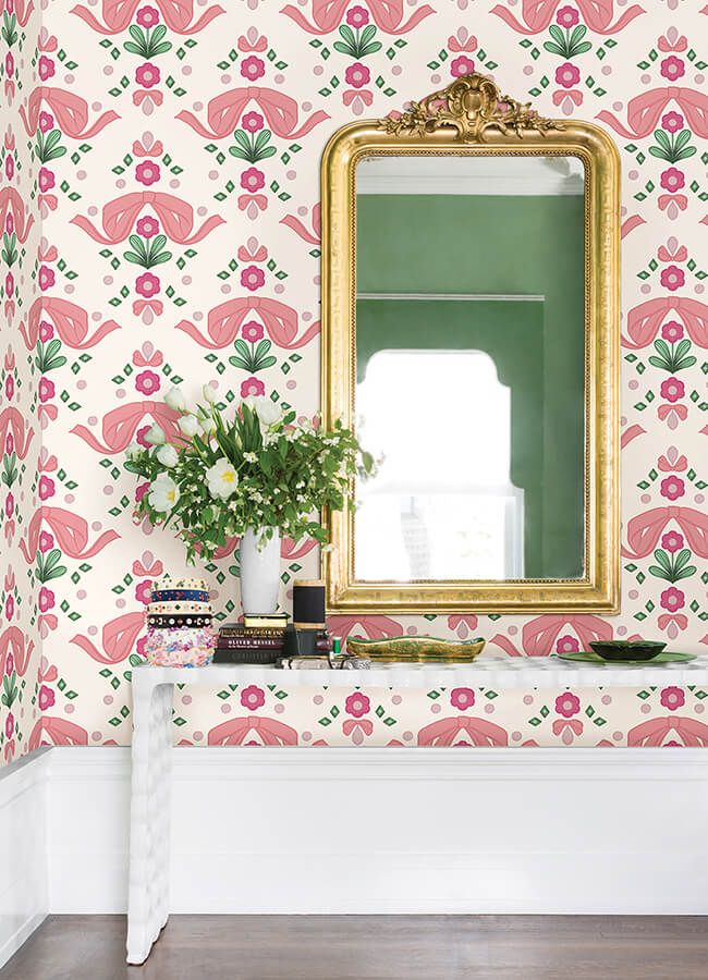 bow-damask-pink-peel-and-stick-wallpaper-york-wallcoverings-lss4955 - York Wallcoverings Wallpaper