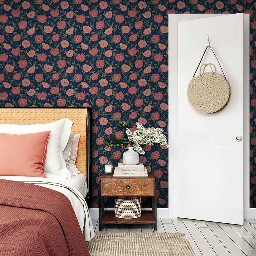 Navy Pink Poppy Field Peel and Stick Wallpaper - York Wallcoverings - JHS5028 - York Wallcoverings Wallpaper