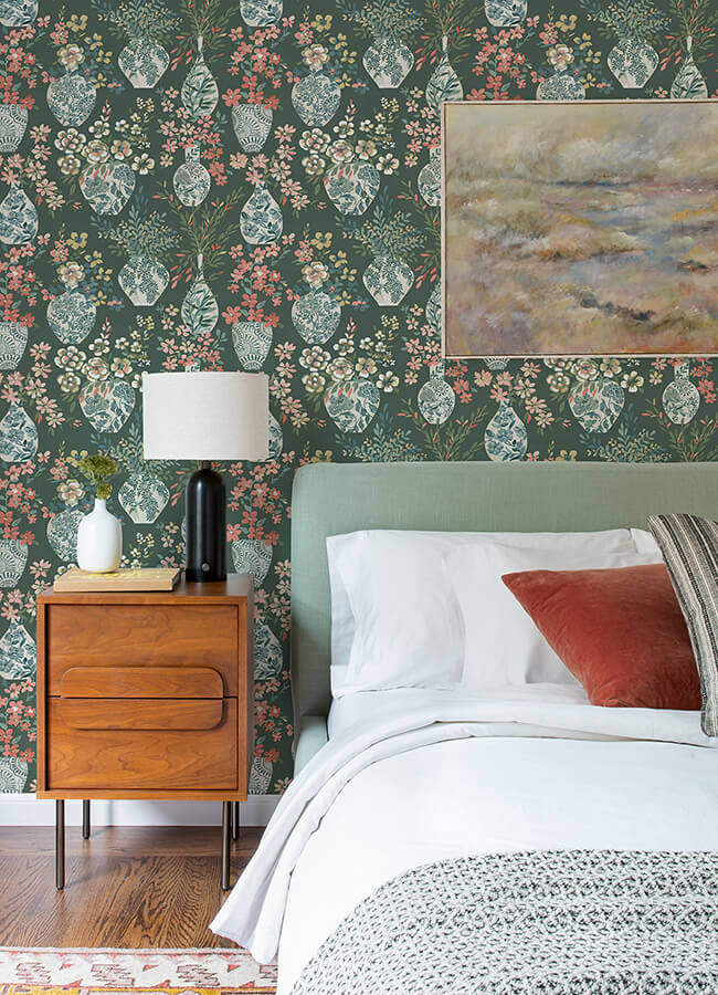 harper-green-floral-vase-wallpaper-york-wallcoverings-4120-72000 - York Wallcoverings Wallpaper