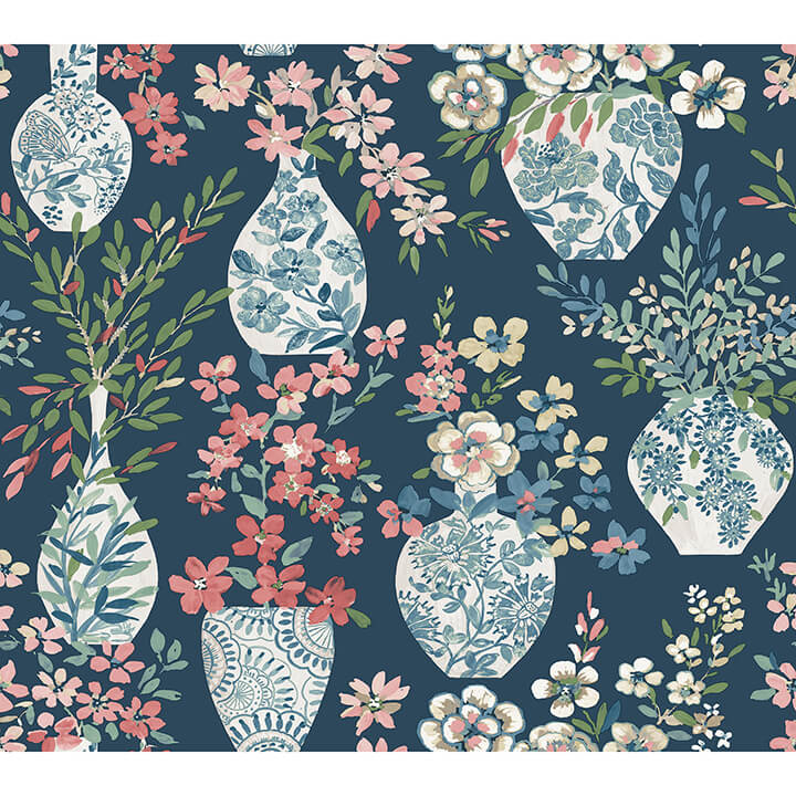 harper-teal-floral-vase-wallpaper-york-wallcoverings-4120-72001 - York Wallcoverings Wallpaper
