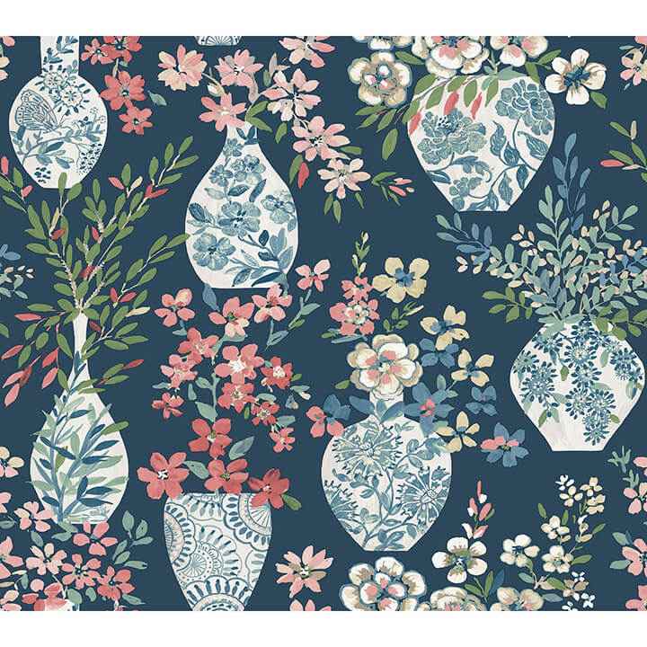 Harper Teal Floral Vase Wallpaper - York Wallcoverings - 4120-72001