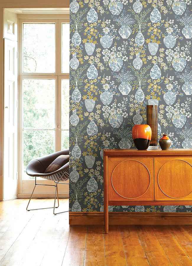 Harper Grey Floral Vase Wallpaper - York Wallcoverings - 4120-72003 - York Wallcoverings Wallpaper