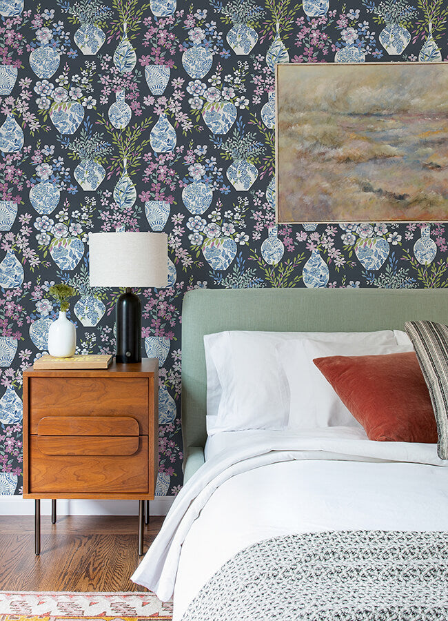 harper-charcoal-floral-vase-wallpaper-york-wallcoverings-4120-72004 - York Wallcoverings Wallpaper