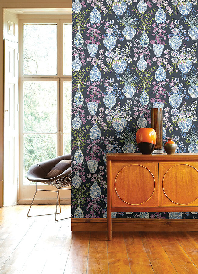 harper-charcoal-floral-vase-wallpaper-york-wallcoverings-4120-72004 - York Wallcoverings Wallpaper