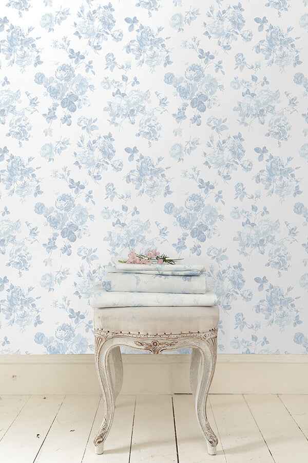 Everblooming Rosettes Blue Bella Ribbon - York Wallcoverings - LFS5017 - York Wallcoverings Wallpaper