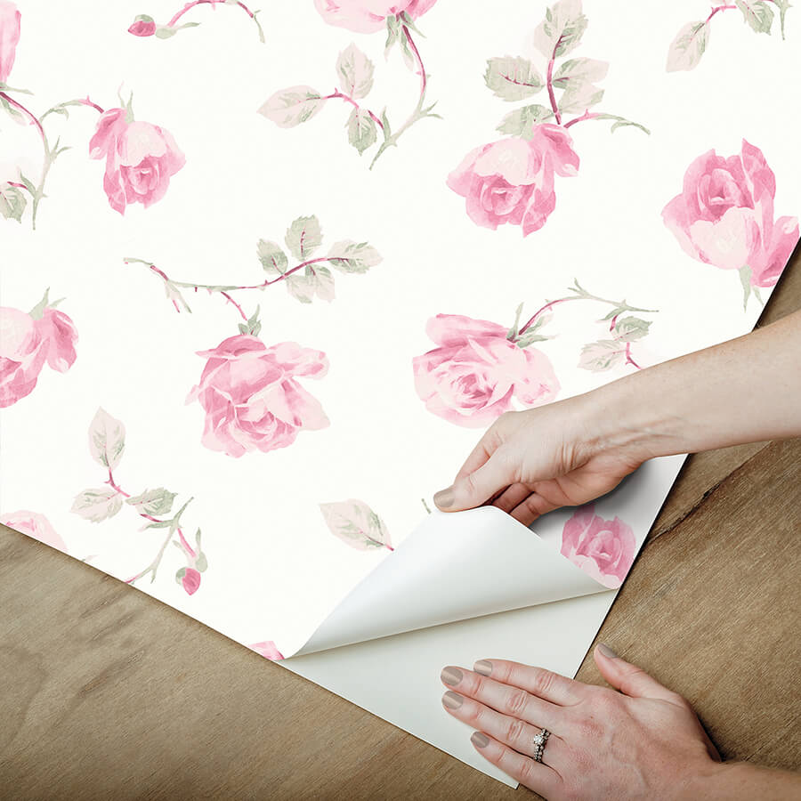 chateau-rose-ribbon-rosa-peel-and-stick-wallpaper-york-wallcoverings-lfs6109 - York Wallcoverings Wallpaper