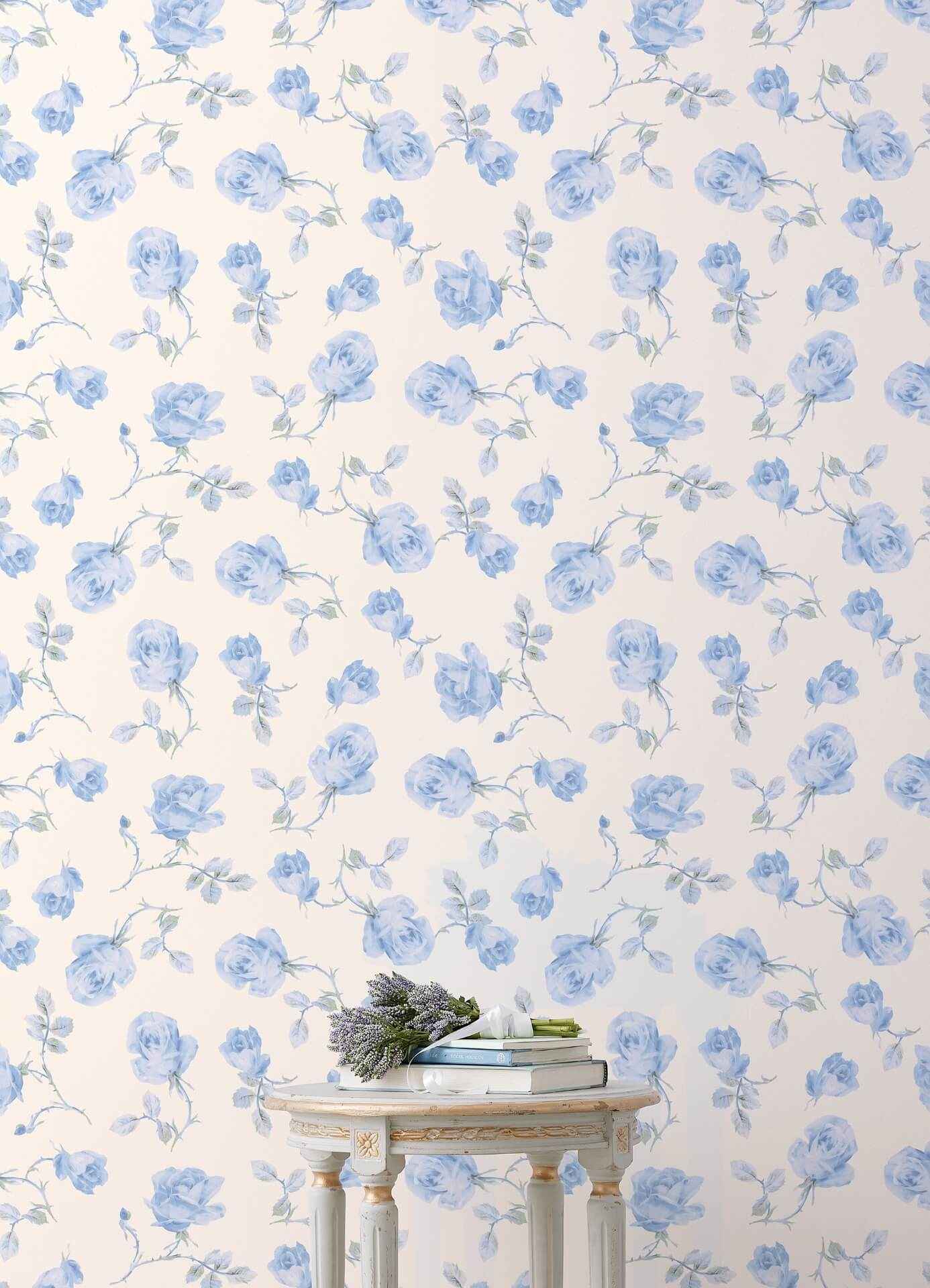 Ribbon Rosa French Blue Loose Roses Wallpaper - York Wallcoverings - AST6085 - York Wallcoverings Wallpaper