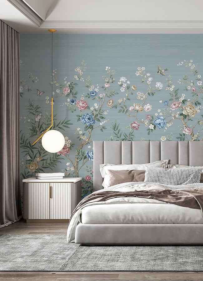 Winter Chinoiserie Robins Egg Blue Wall Mural - York Wallcoverings - ASTM5057 - York Wallcoverings Wallpaper