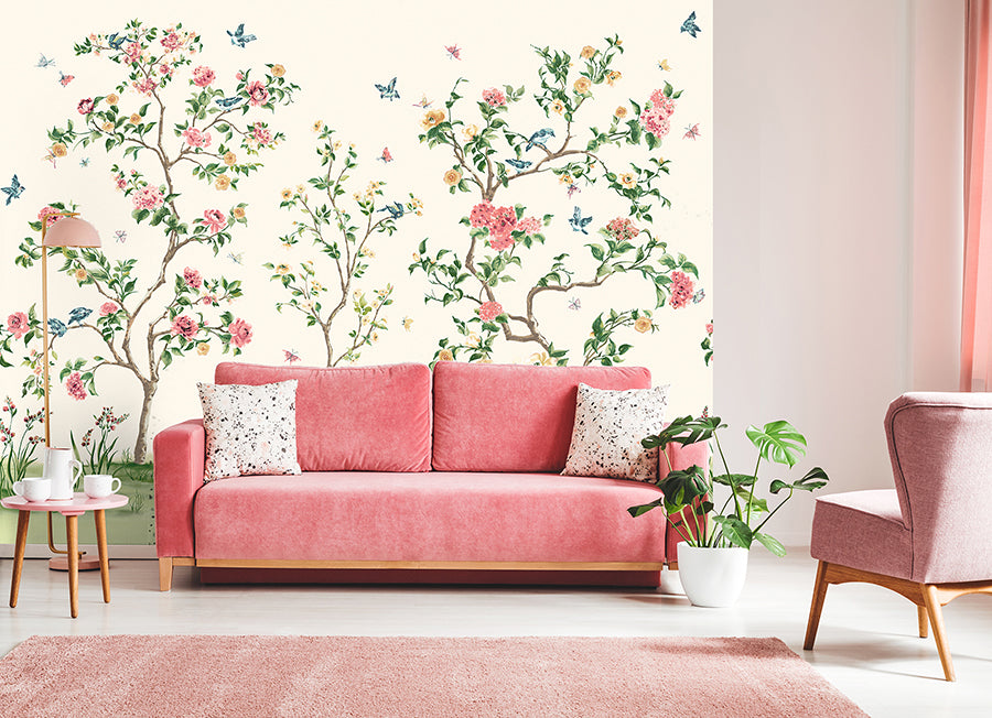 pink-chinoiserie-floral-tree-wall-mural-york-wallcoverings-mur193m - York Wallcoverings Wallpaper