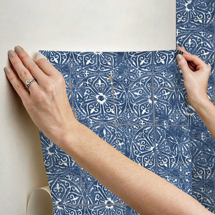cobalt-sea-provincial-tile-peel-and-stick-wallpaper-york-wallcoverings-nus6104 - York Wallcoverings Wallpaper