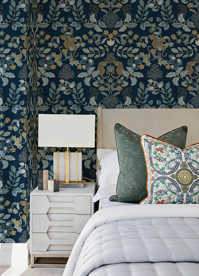 getty-navy-jungle-damask-wallpaper-york-wallcoverings-4034-72133 - York Wallcoverings Wallpaper