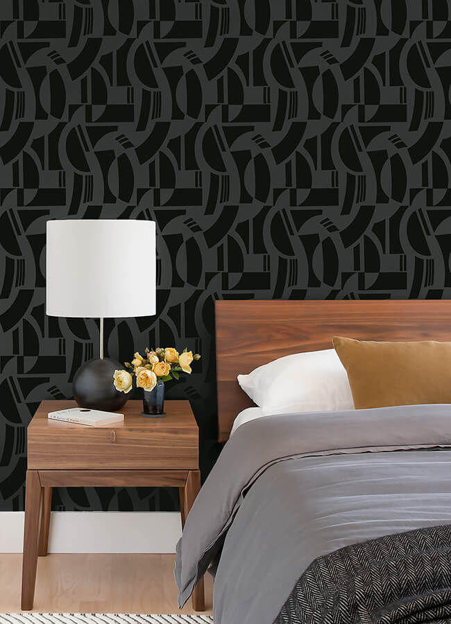 carter-black-geometric-flock-wallpaper-york-wallcoverings-4034-87379 - York Wallcoverings Wallpaper