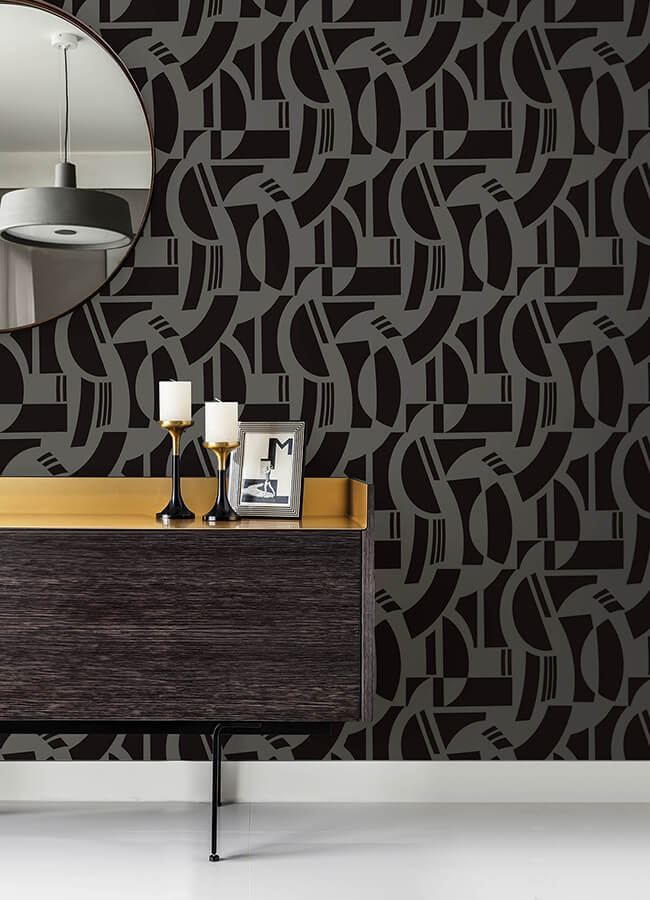 carter-black-geometric-flock-wallpaper-york-wallcoverings-4034-87379 - York Wallcoverings Wallpaper