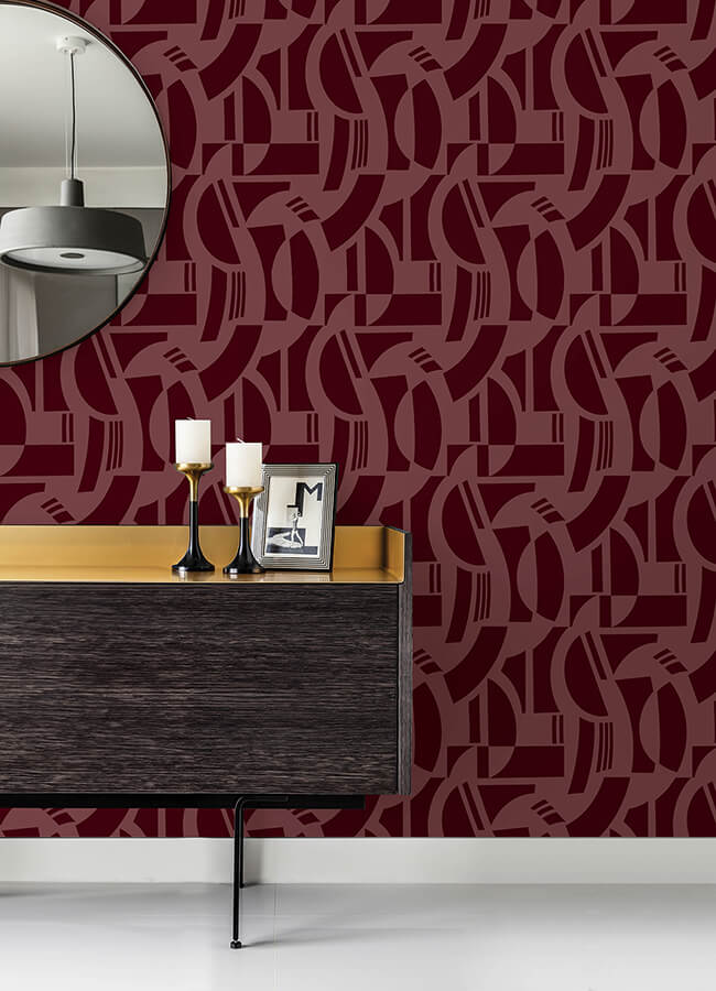 carter-burgundy-geometric-flock-wallpaper-york-wallcoverings-4034-87380 - York Wallcoverings Wallpaper