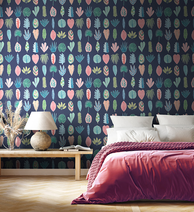 leaf-boogie-denim-tropical-mix-wallpaper-york-wallcoverings-ghs50102w - York Wallcoverings Wallpaper
