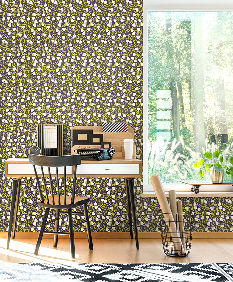 aino-black-tiny-tulip-wallpaper-york-wallcoverings-ghs50140w - York Wallcoverings Wallpaper