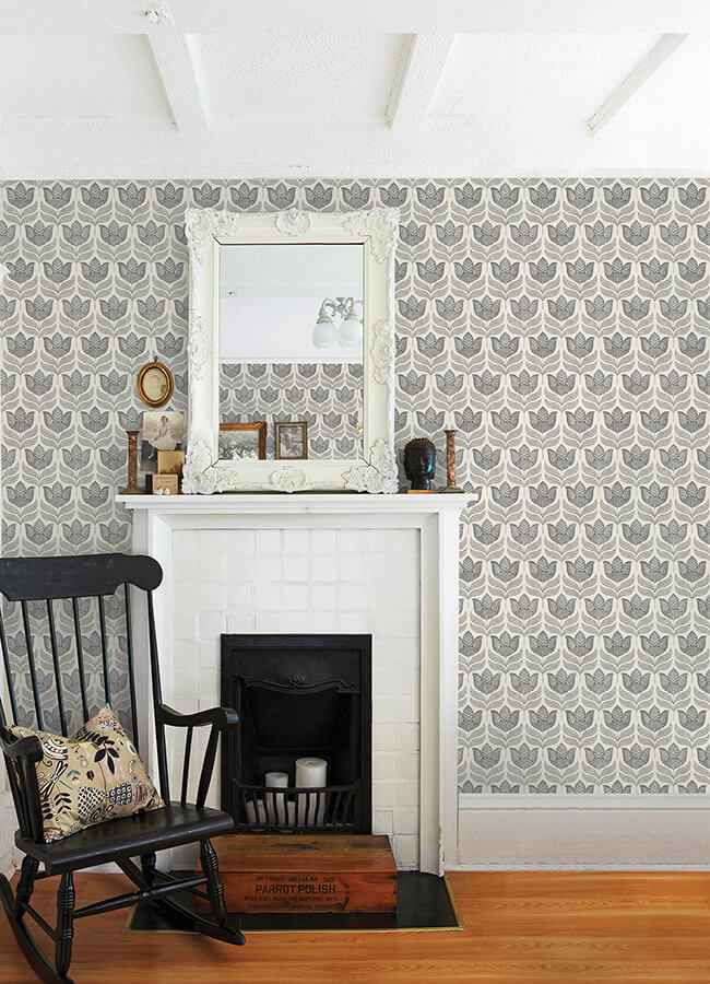 Cathal Charcoal Tulip Block Print Wallpaper - York Wallcoverings - 3125-72343 - York Wallcoverings Wallpaper