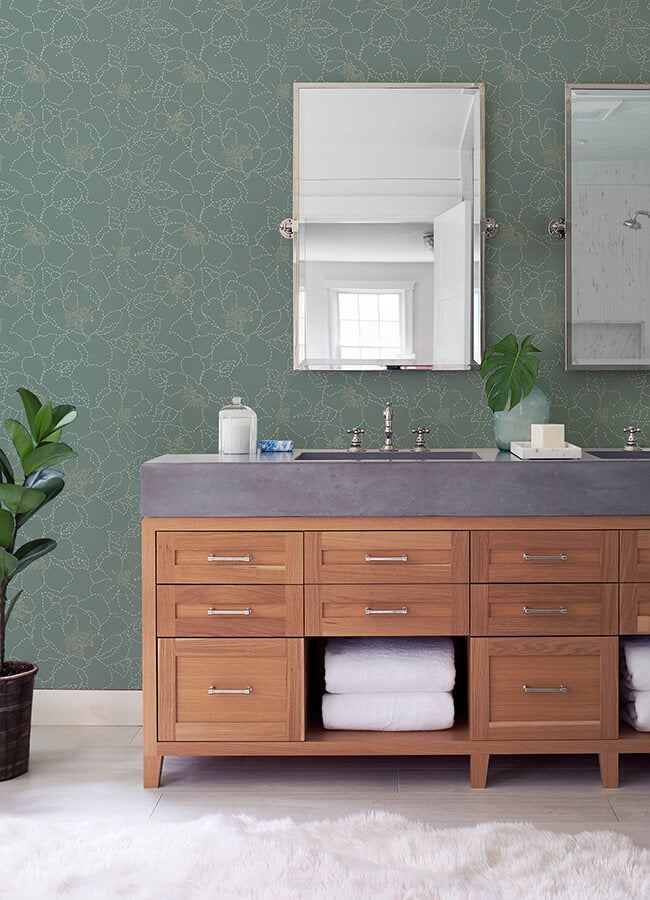 gardena-sea-green-embroidered-floral-wallpaper-york-wallcoverings-4122-27006 - York Wallcoverings Wallpaper