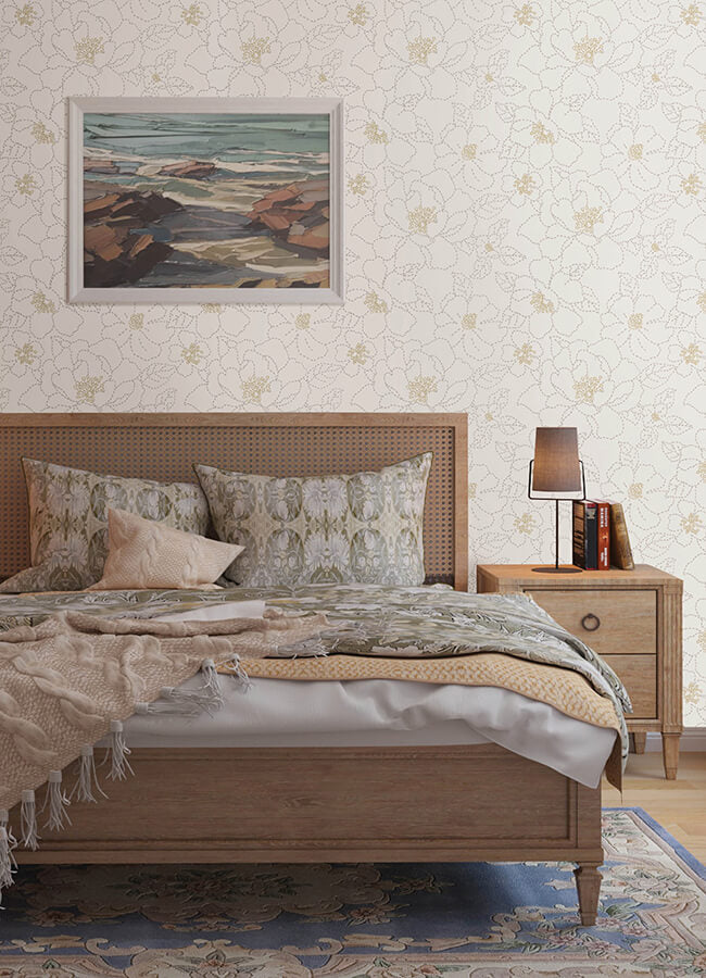 gardena-white-embroidered-floral-wallpaper-york-wallcoverings-4122-27007 - York Wallcoverings Wallpaper