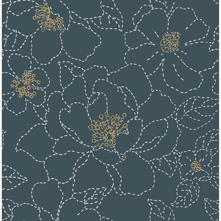gardena-indigo-embroidered-floral-wallpaper-york-wallcoverings-4122-27009 - York Wallcoverings Wallpaper