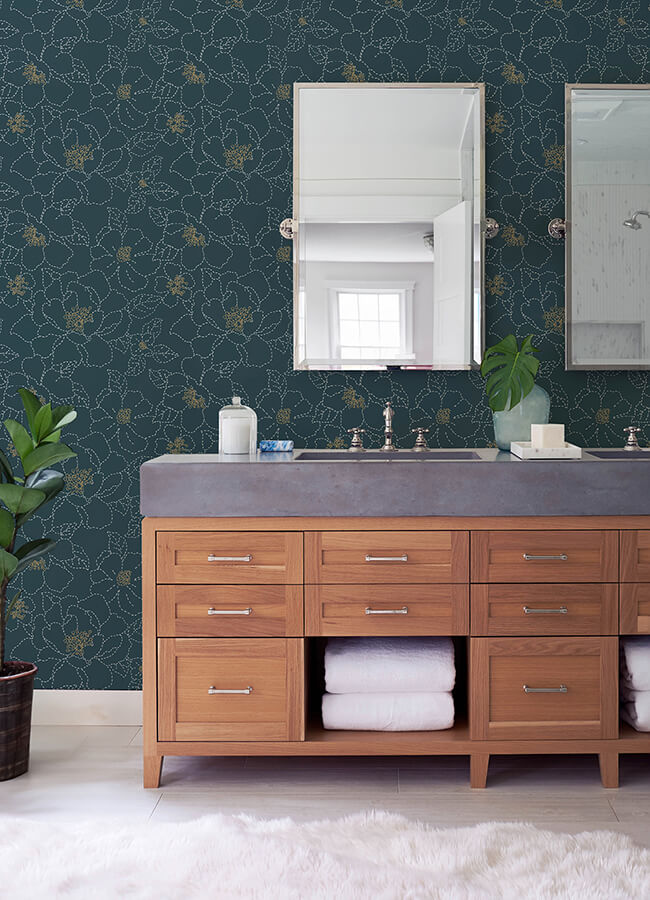 gardena-indigo-embroidered-floral-wallpaper-york-wallcoverings-4122-27009 - York Wallcoverings Wallpaper