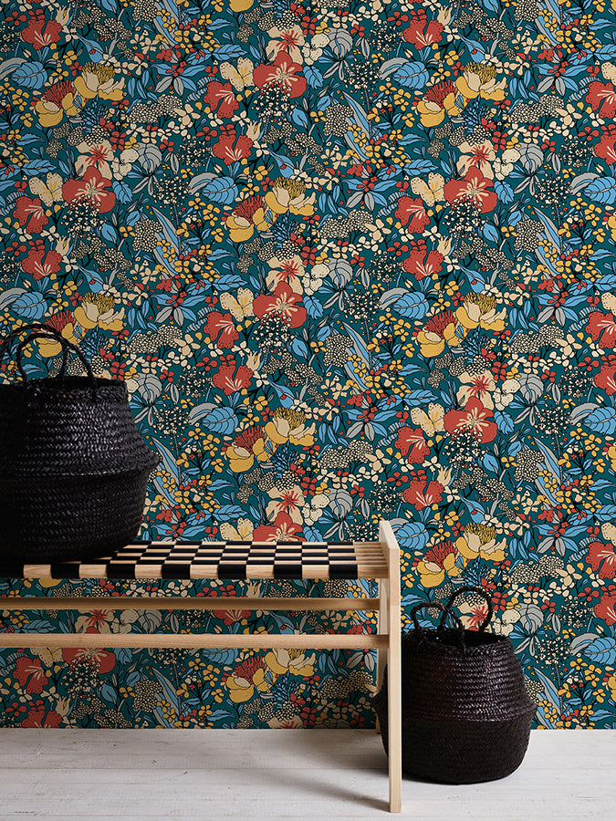 zetta-blue-floral-riot-wallpaper-york-wallcoverings-as377564 - York Wallcoverings Wallpaper