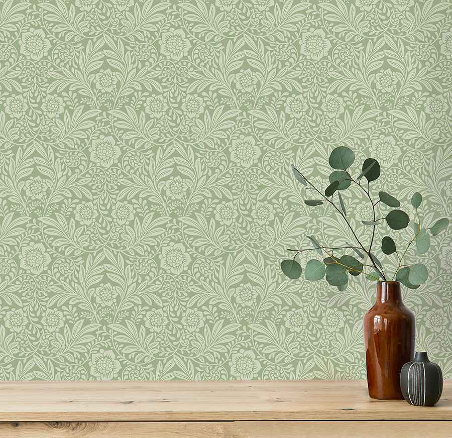 Camille Sage Damask Wallpaper - York Wallcoverings - M1744 - York Wallcoverings Wallpaper