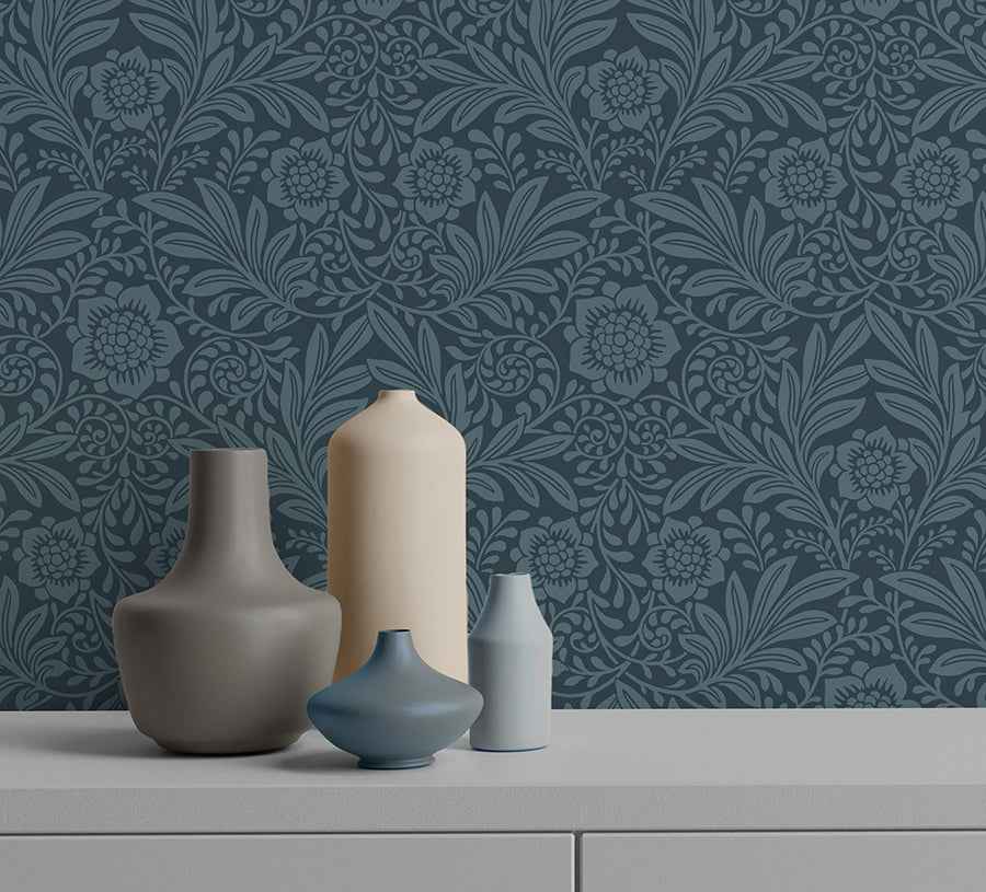 Camille Navy Damask Wallpaper - York Wallcoverings - M1745 - York Wallcoverings Wallpaper