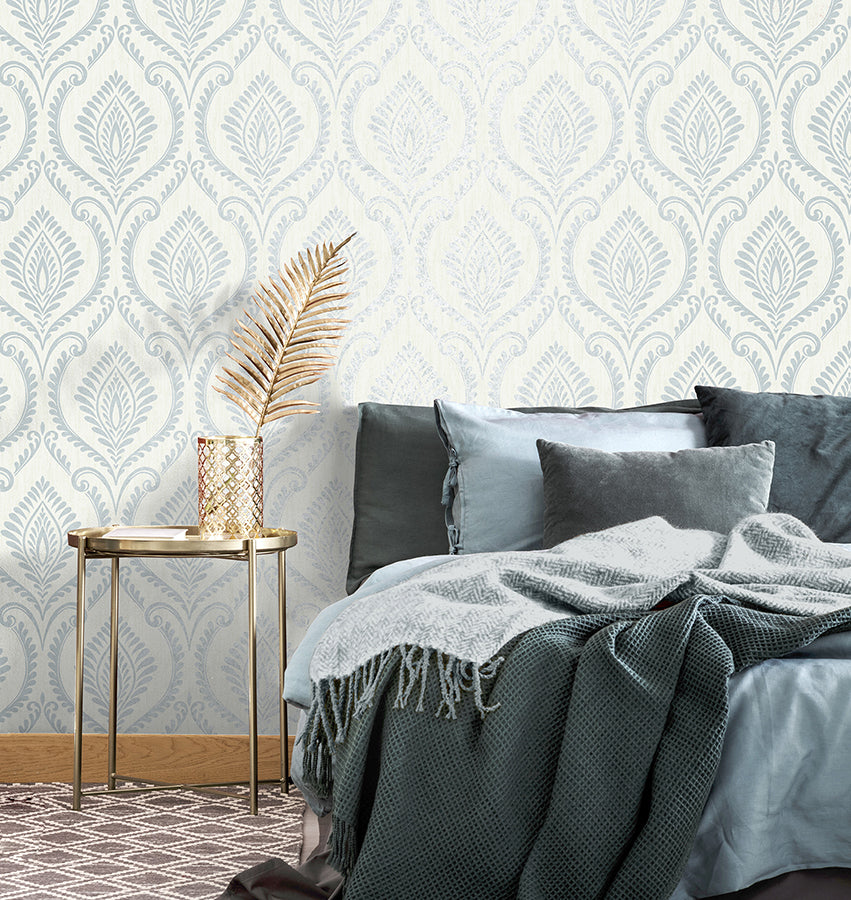 estelle-light-blue-damask-wallpaper-york-wallcoverings-m1757 - York Wallcoverings Wallpaper