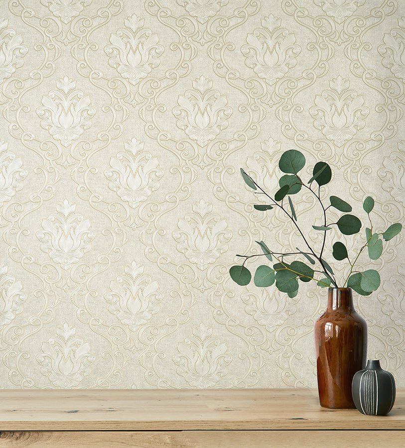 florentine-neutral-damask-wallpaper-york-wallcoverings-m95658 - York Wallcoverings Wallpaper