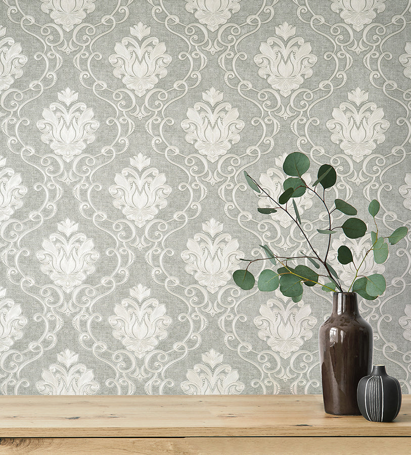 florentine-grey-damask-wallpaper-york-wallcoverings-m95659 - York Wallcoverings Wallpaper
