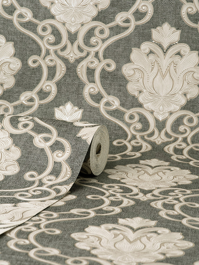 florentine-charcoal-damask-wallpaper-york-wallcoverings-m95660 - York Wallcoverings Wallpaper