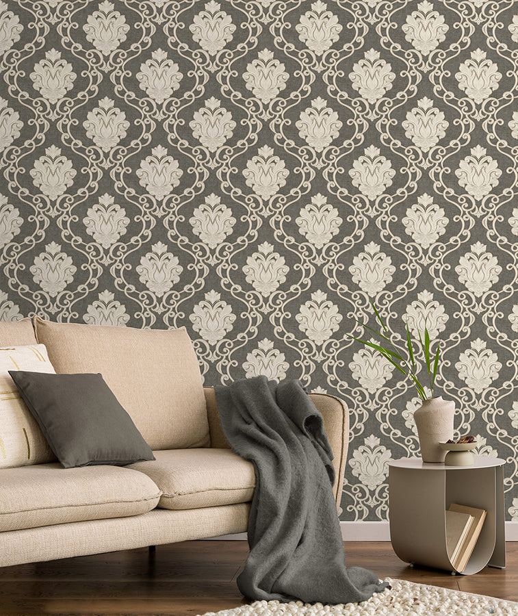 florentine-charcoal-damask-wallpaper-york-wallcoverings-m95660 - York Wallcoverings Wallpaper