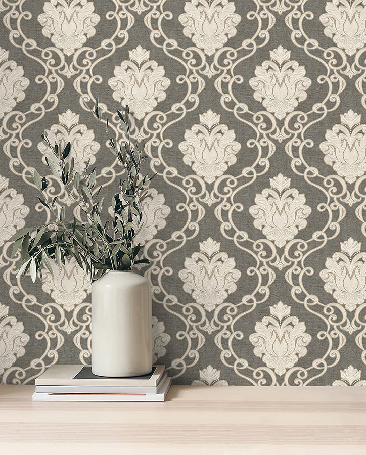 florentine-charcoal-damask-wallpaper-york-wallcoverings-m95660 - York Wallcoverings Wallpaper
