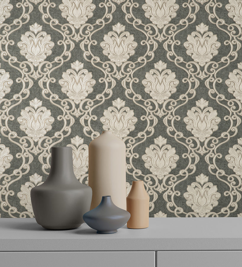 florentine-charcoal-damask-wallpaper-york-wallcoverings-m95660 - York Wallcoverings Wallpaper