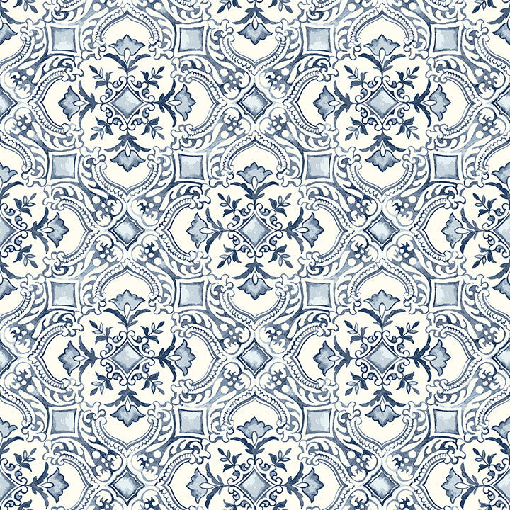 marjoram-blue-floral-tile-wallpaper-york-wallcoverings-4134-72513 - York Wallcoverings Wallpaper