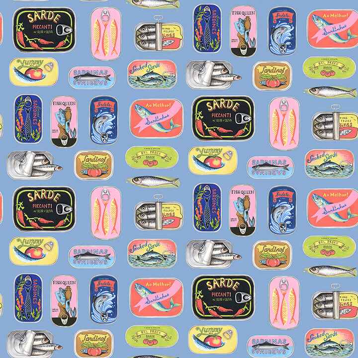 Blue Sardine Tins Peel and Stick Wallpaper - York Wallcoverings - RAS6268