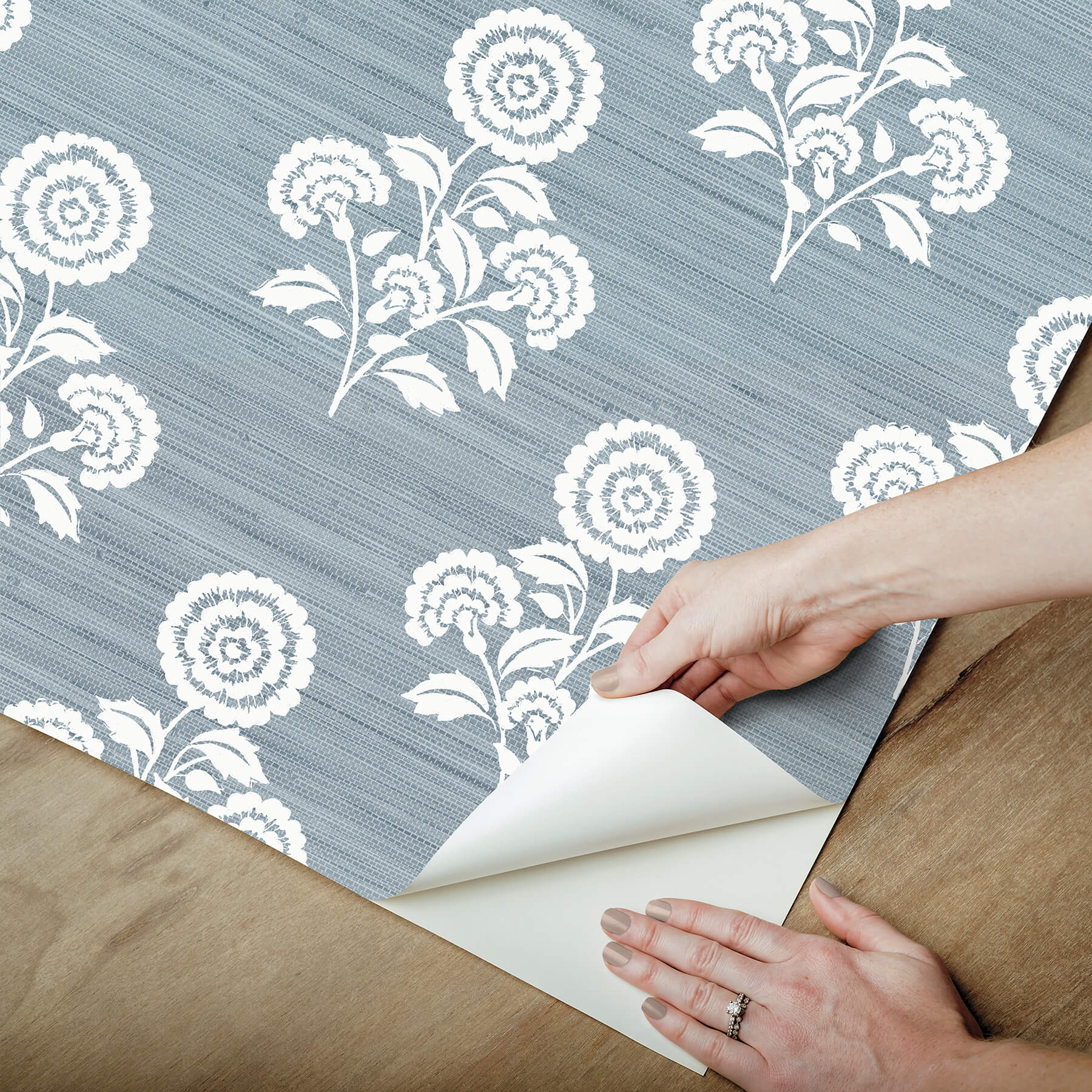 flourish-block-print-mineral-blue-faux-grasscloth-peel-and-stick-wallpaper-york-wallcoverings-sss6309 - York Wallcoverings Wallpaper