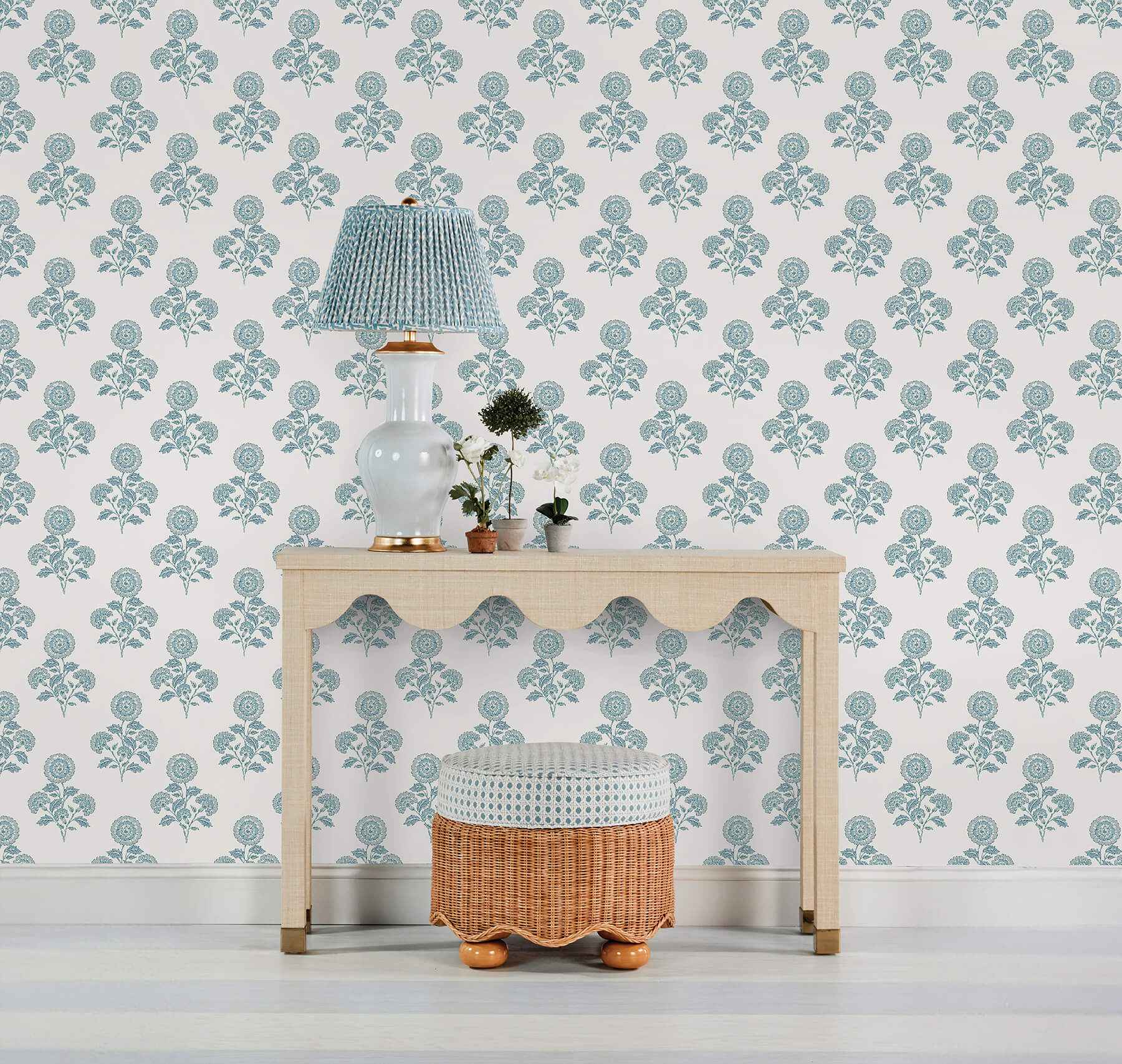 Flourish Block Print Blue on Blue Peel and Stick Wallpaper - York Wallcoverings - SSS6311 - York Wallcoverings Wallpaper