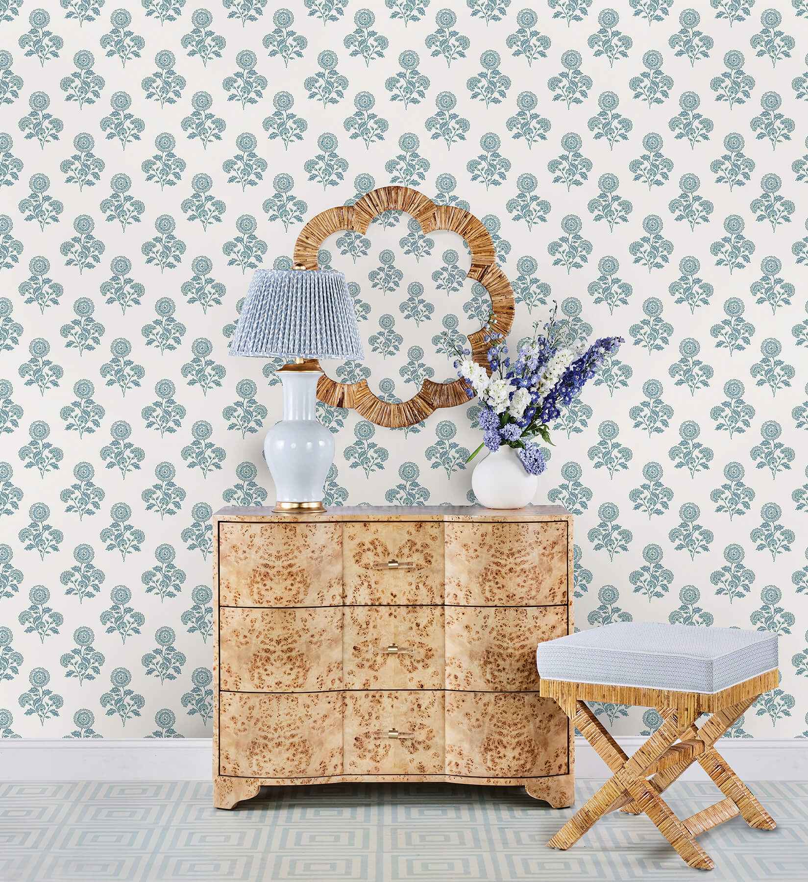Flourish Block Print Blue on Blue Peel and Stick Wallpaper - York Wallcoverings - SSS6311 - York Wallcoverings Wallpaper